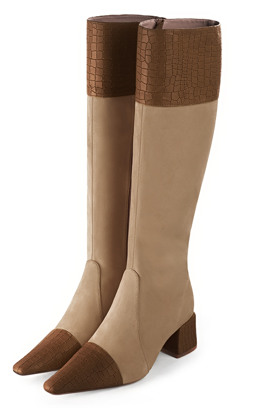 French elegance and refinement for these caramel brown and tan beige feminine knee-high boots, 
                available in many subtle leather and colour combinations. Record your foot and leg measurements.
We will adjust this beautiful boot with inner zip to your leg measurements in height and width.
For fans of slim, feminine designs.
You can customise it with your own materials and colours on the "My favourites" page.
 
                Made to measure. Especially suited to thin or thick calves.
                Matching clutches for parties, ceremonies and weddings.   
                You can customize these knee-high boots to perfectly match your tastes or needs, and have a unique model.  
                Choice of leathers, colours, knots and heels. 
                Wide range of materials and shades carefully chosen.  
                Rich collection of flat, low, mid and high heels.  
                Small and large shoe sizes - Florence KOOIJMAN
